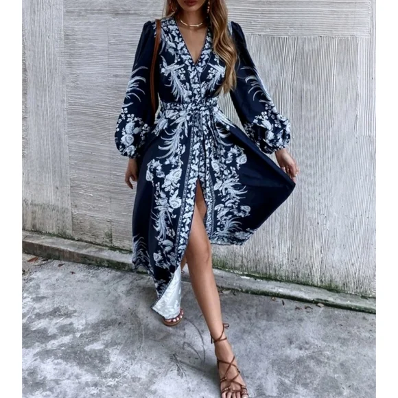 Boho Plants Print V Neck Belted Wrap Dress - Picture 6 of 9